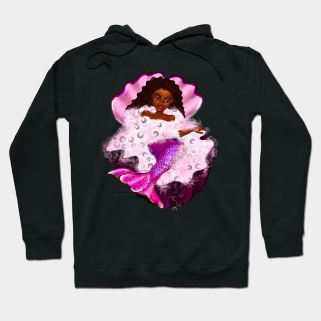 Mermaid spa day in Oyster clam shell 2 - Black anime mermaid in bubble bath. Pretty black girl with Afro hair, green eyes, Cherry pink lips and dark brown skin. Hair love ! Hoodie by Artonmytee